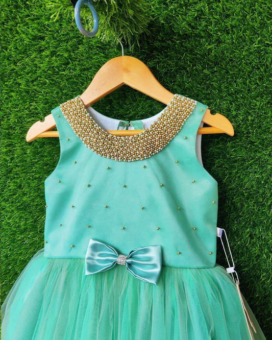 Pastel green beaded frock side view baby girl – Stanwells Kids