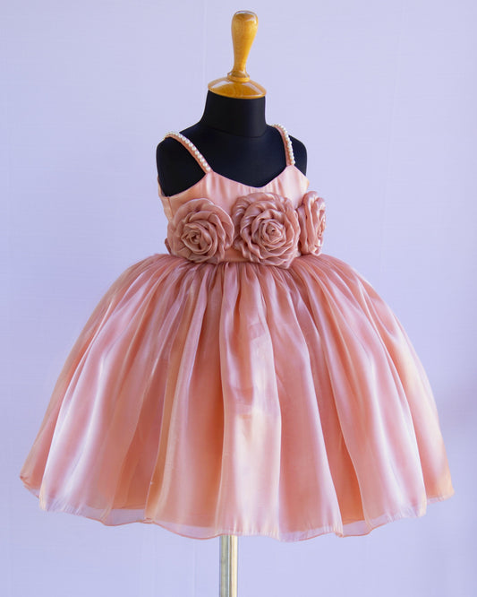 Dusty peach organza shaded frock side view – Stanwells Kids