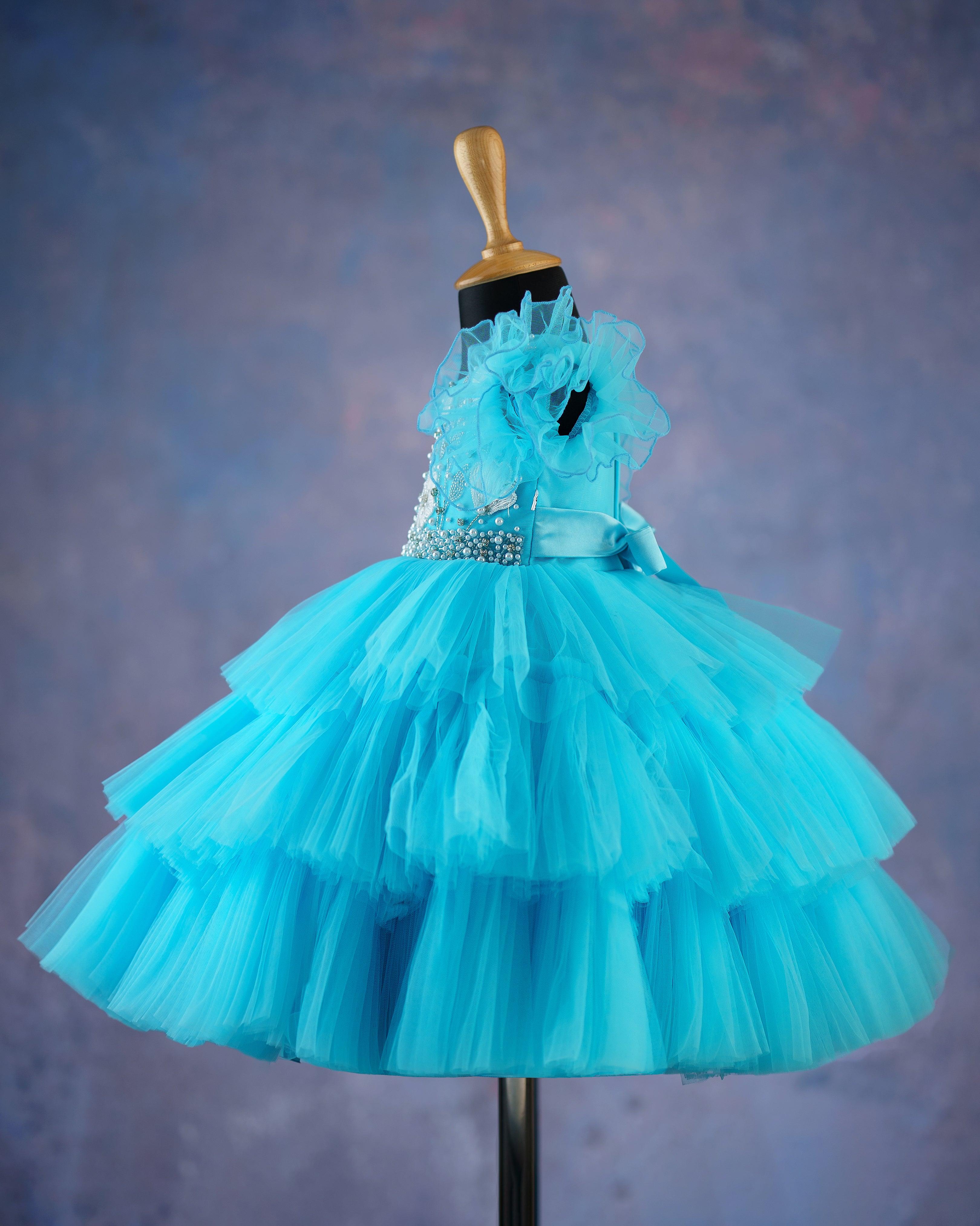 Set Of 4) Sky Blue Party Wear Fancy Knee Length Baby Dress Catalog