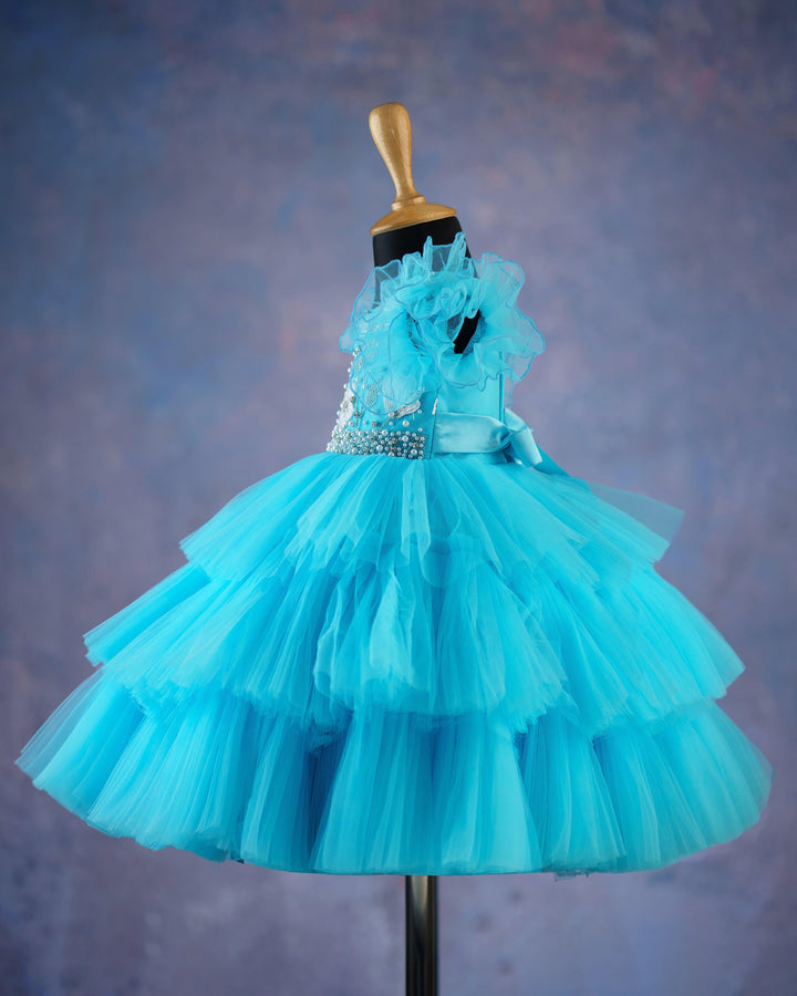 Sky Blue Handwork Pleated Partywear Baby- Girls Birthday Step Frock