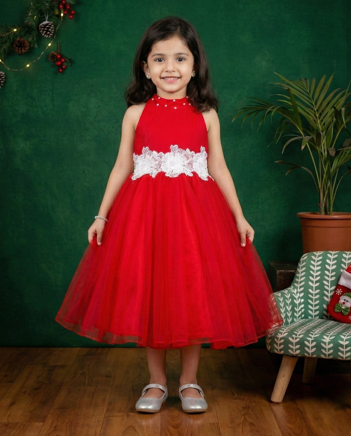 Red shade halter neck flower frock, baby girls birthday dress, party wear