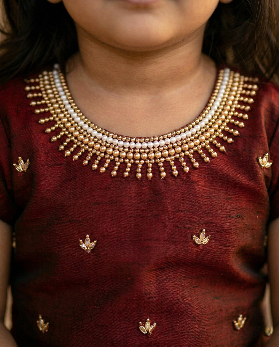 Baby girls birthday dress – golden and maroon Kerala Kasavu silk lehenga with handwork

