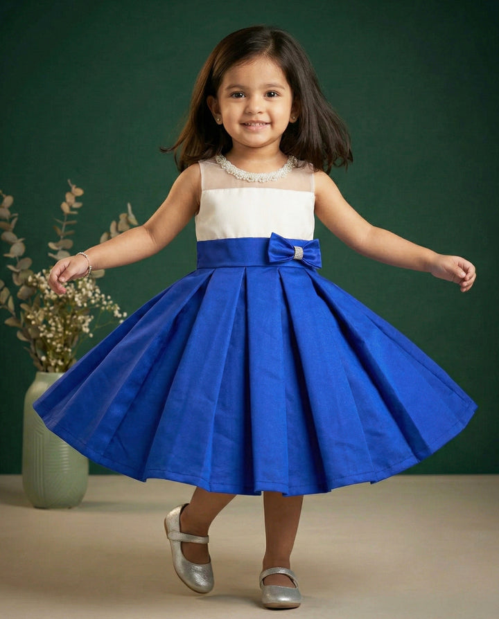 Royalblue &amp; White Combo Baby-Girls Box Pleated Tafetta Silk Handwork F