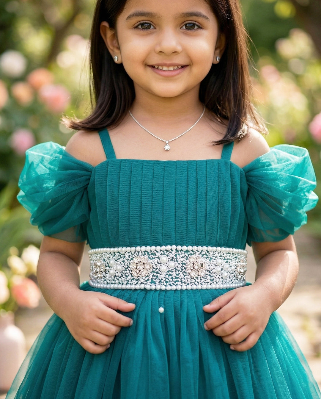 Teal Blue Pearl Handwork Cinderella Gown for Baby Girls, Birthday Dress