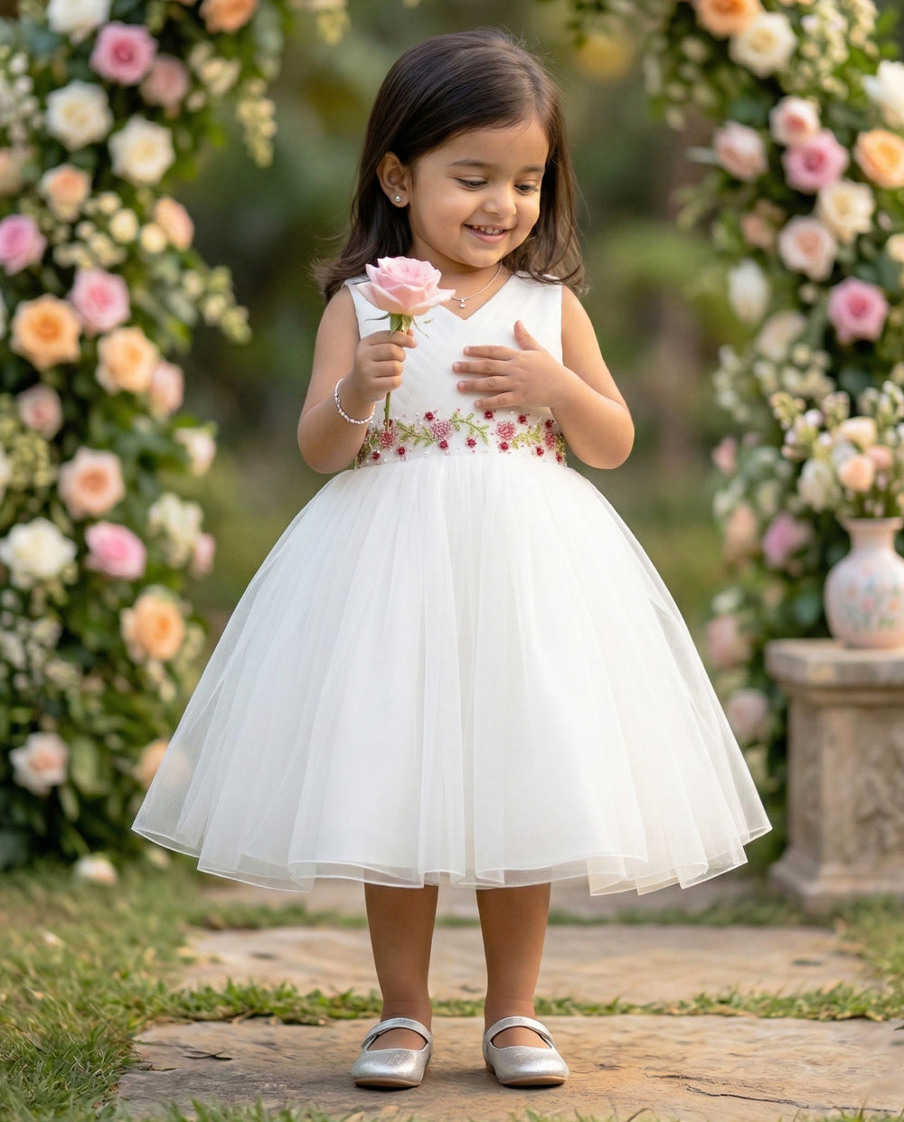 Off-white Shade Pleated Handwork Baby-Girls Sleeveless Frock
Material : Off-white shade pleated party perfect handwork frock is made with soft nylon net fabric. The yoke portion of the frock is designed in pleated with V-neck