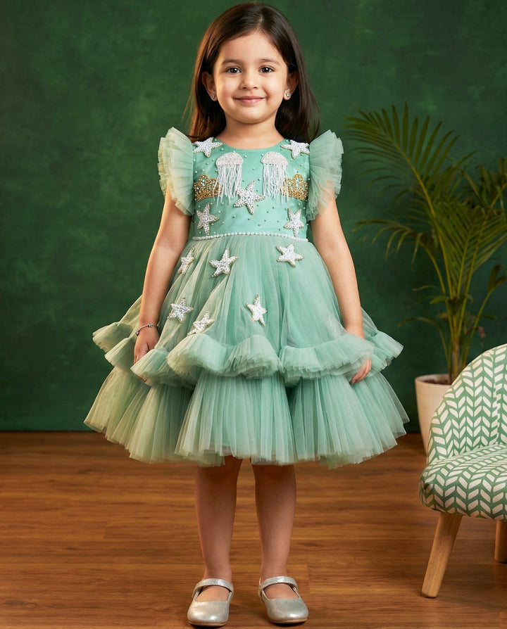 Mermaid theme baby girls birthday dress, pastel green sea life embroidered frock, heavy partywear birthday outfit