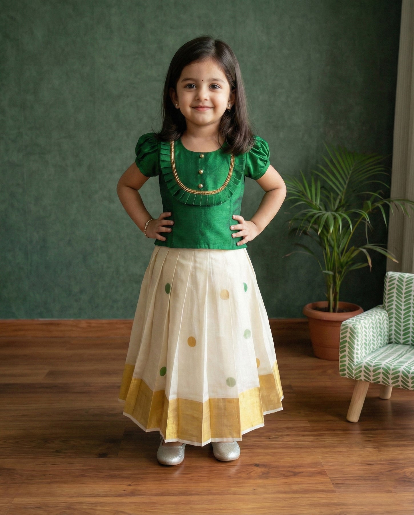 Green Cream Kerala Kasavu Lehenga Choli – Baby Girl Birthday Dress