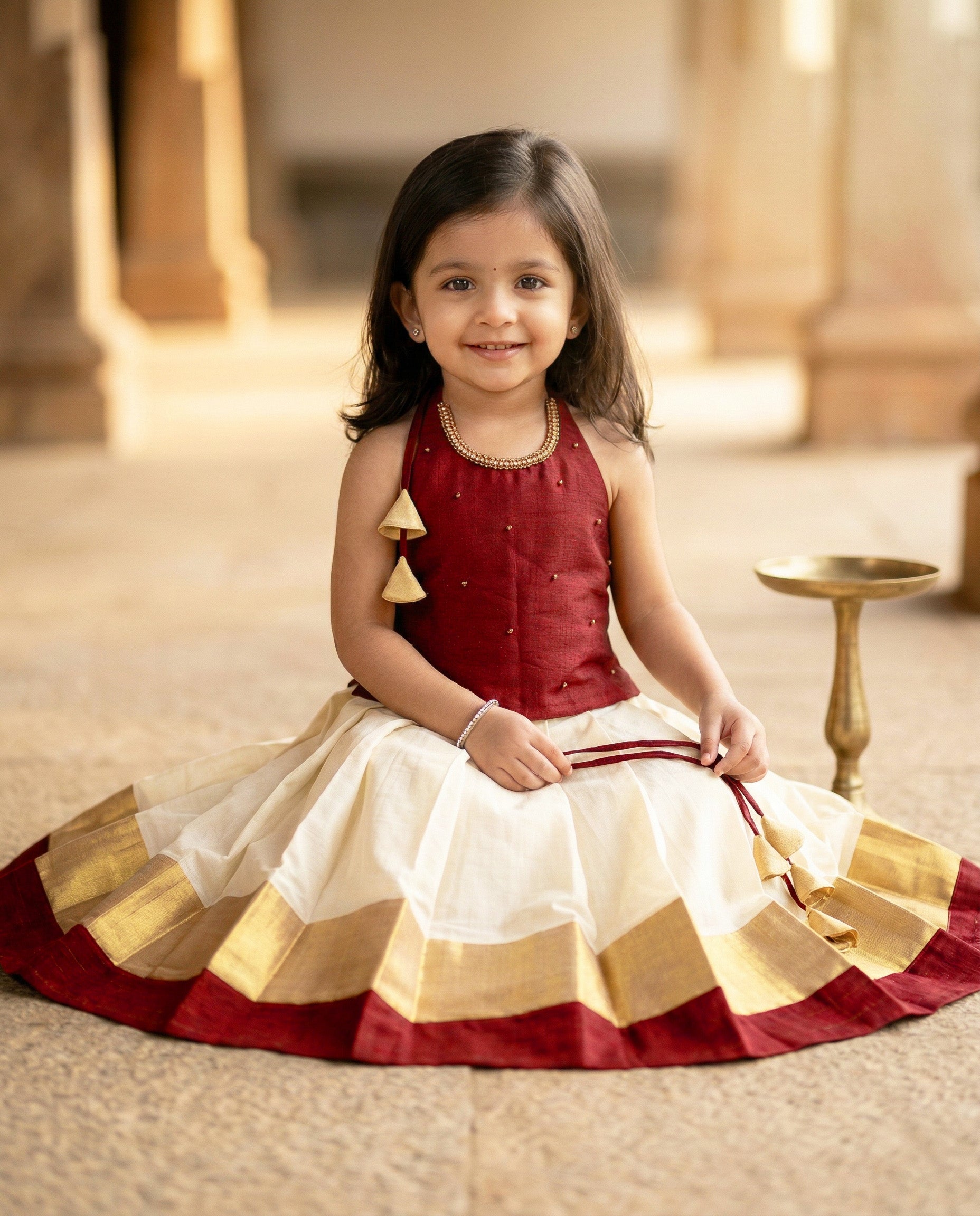 Cream & Meroon Traditional Kerala Kasavu Onam Special Lehenga