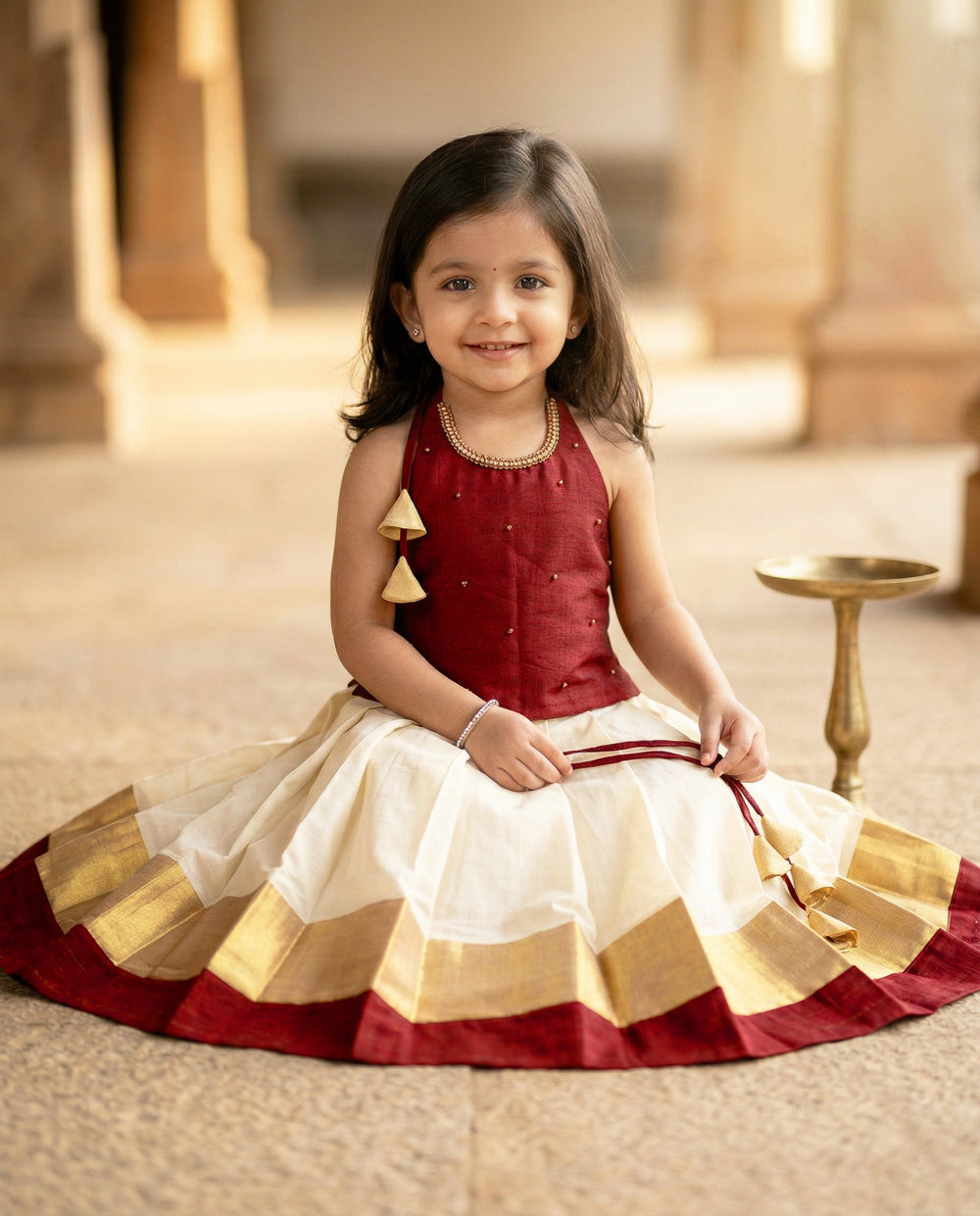 Cream maroon Kerala Kasavu Lehenga Choli – traditional baby girls birthday dress for Onam or festive occasions