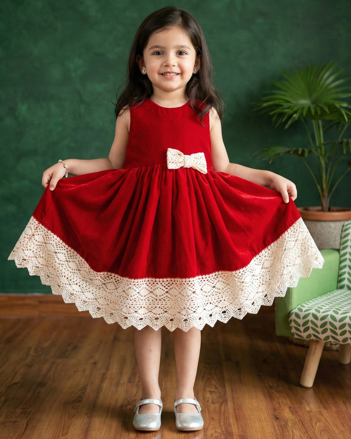 Red Shade Crochet Velvet Knee Length Bow Frock
