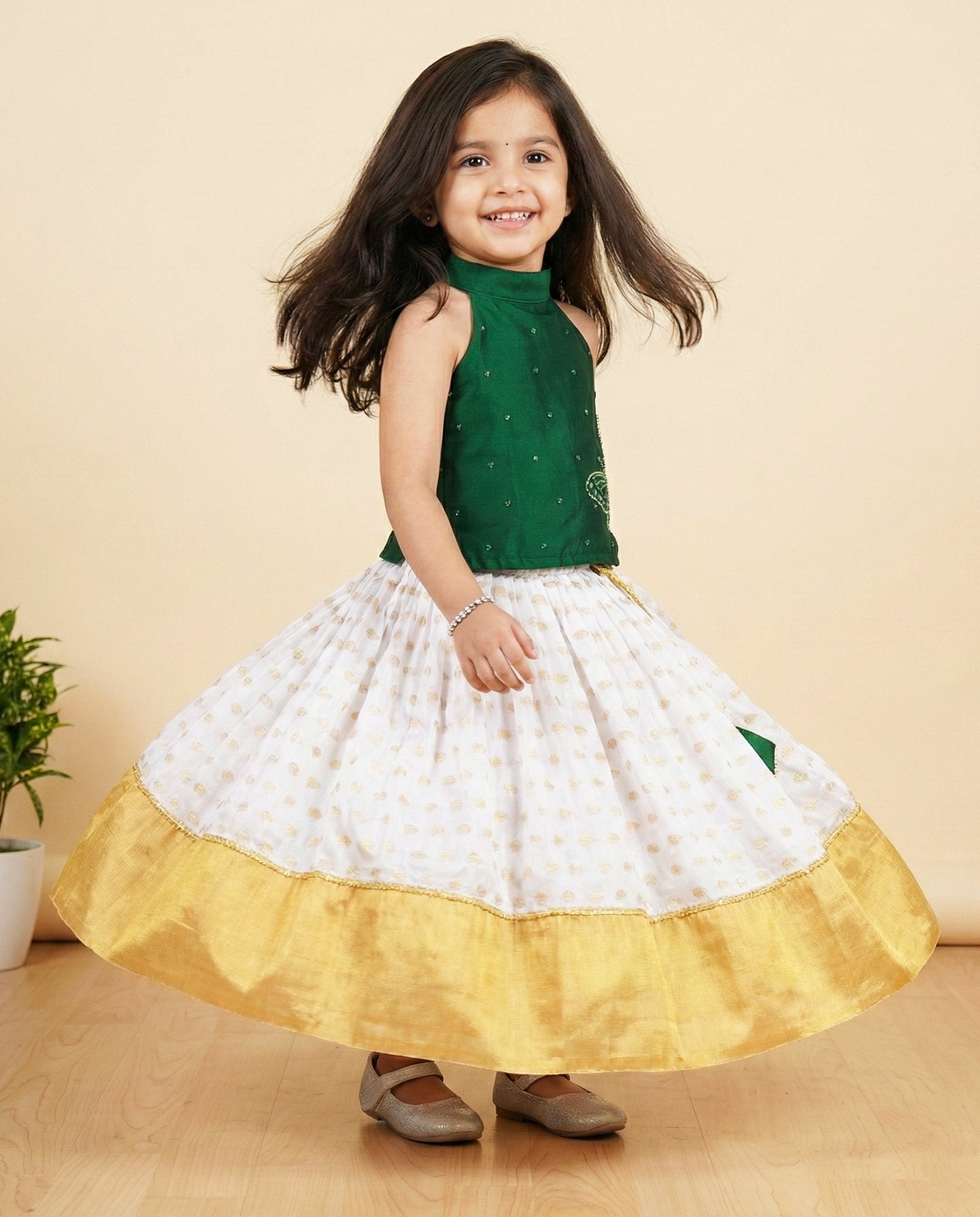 Baby Girls Birthday Dress – Kerala Kasavu Bottle Green Lehenga