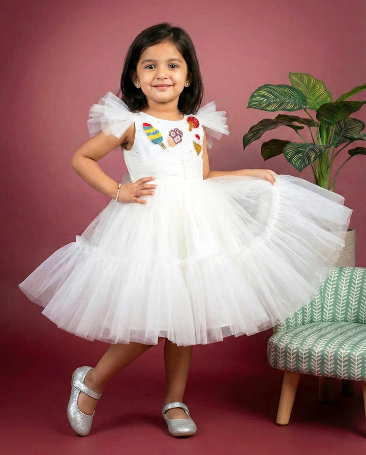 Off white candy theme frock for baby girls, premium birthday dress, partywear dress, Stanwells Kids
