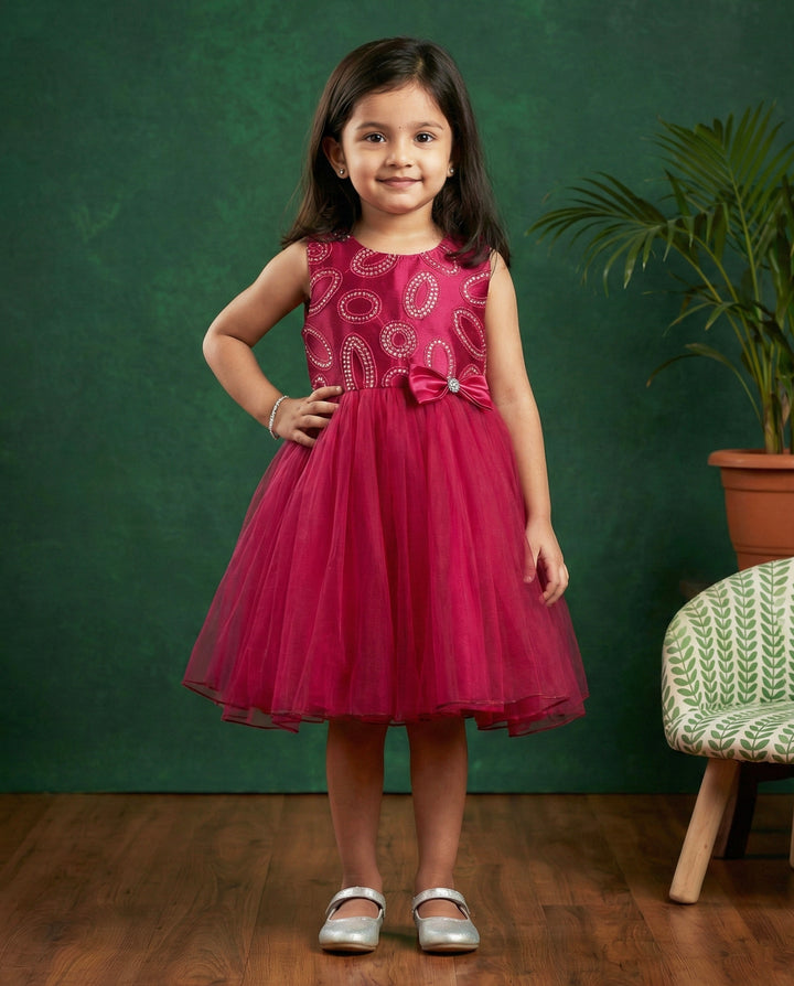 Dark magenta partywear bow frock side view – toddler birthday outfit
