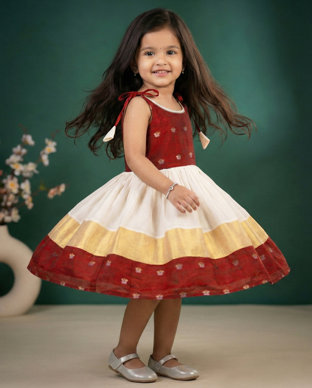 Baby Girl Birthday Dress - Cream & Maroon Onam Special Kerala Kasavu Frock