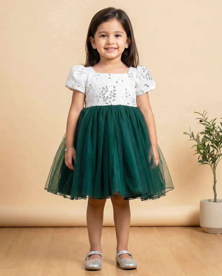 bottle green and white Christmas frock for baby girls, festive birthday dress, designer kids partywear dress, toddler Christmas outfit, Stanwells Kids
