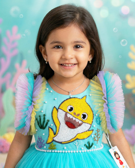 Baby shark theme handwork yoke birthday frock front view – Stanwells Kids