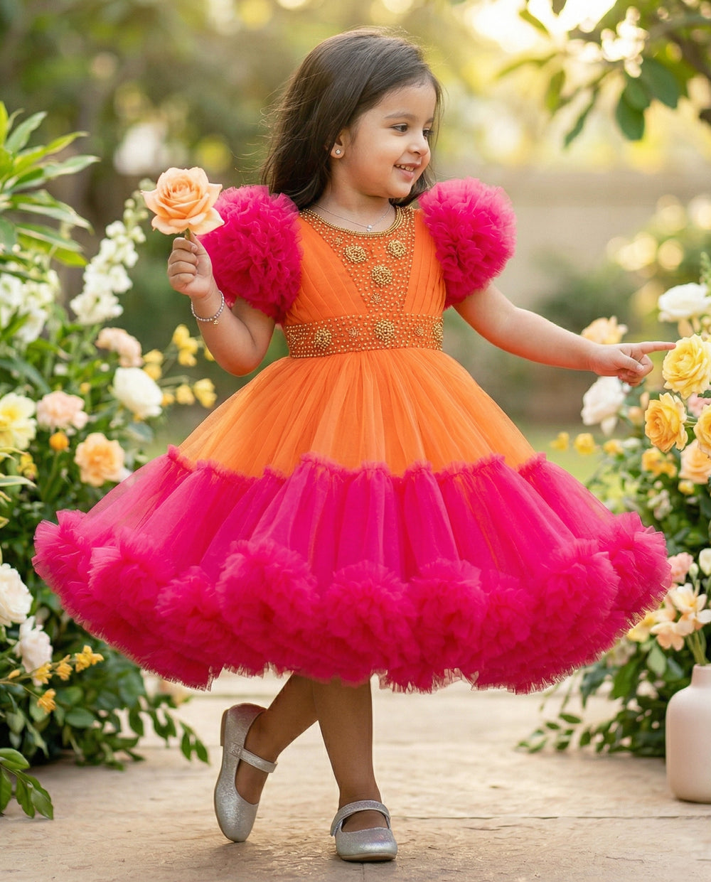 Orange & Rany Pink Combo Heavy Handwork Partywear Flared Ruffles Full 