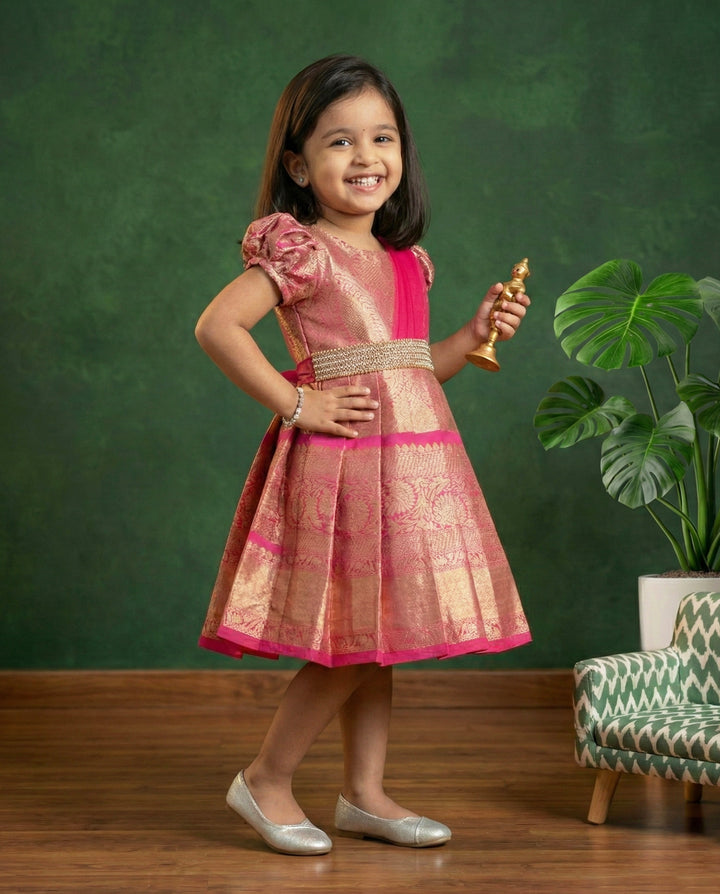 Pink Jacquard Handwork Silk Frock – Ethnic Partywear for Little Girls