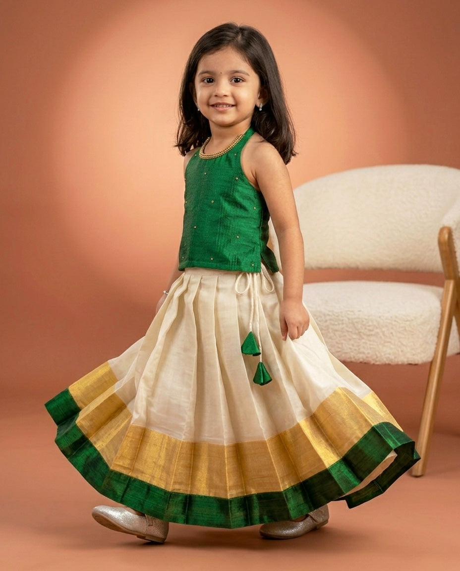 green handwork lehenga choli for kids, kids onam special dresses, onam 2024, kerala kasavu dresses for kids, kettudupu for kids, kids pattu pavadai