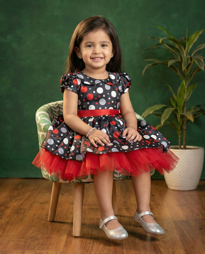 baby girls birthday dress, black satin frock, Christmas frock for kids, printed satin partywear dress, festive outfit for girls, toddler party dress, elegant kids frock, soft satin birthday dress, baby girl Christmas outfit