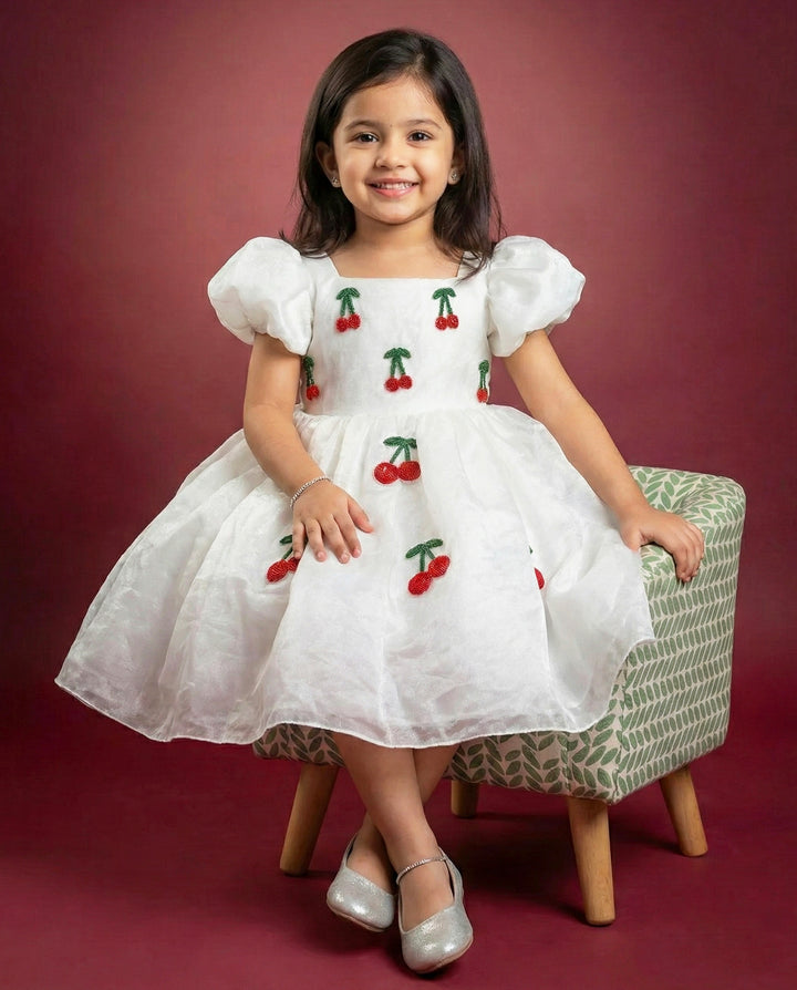 White organza cherry embroidered baby girls birthday dress, elegant partywear frock for kids, premium designer dress, Stanwells Kids