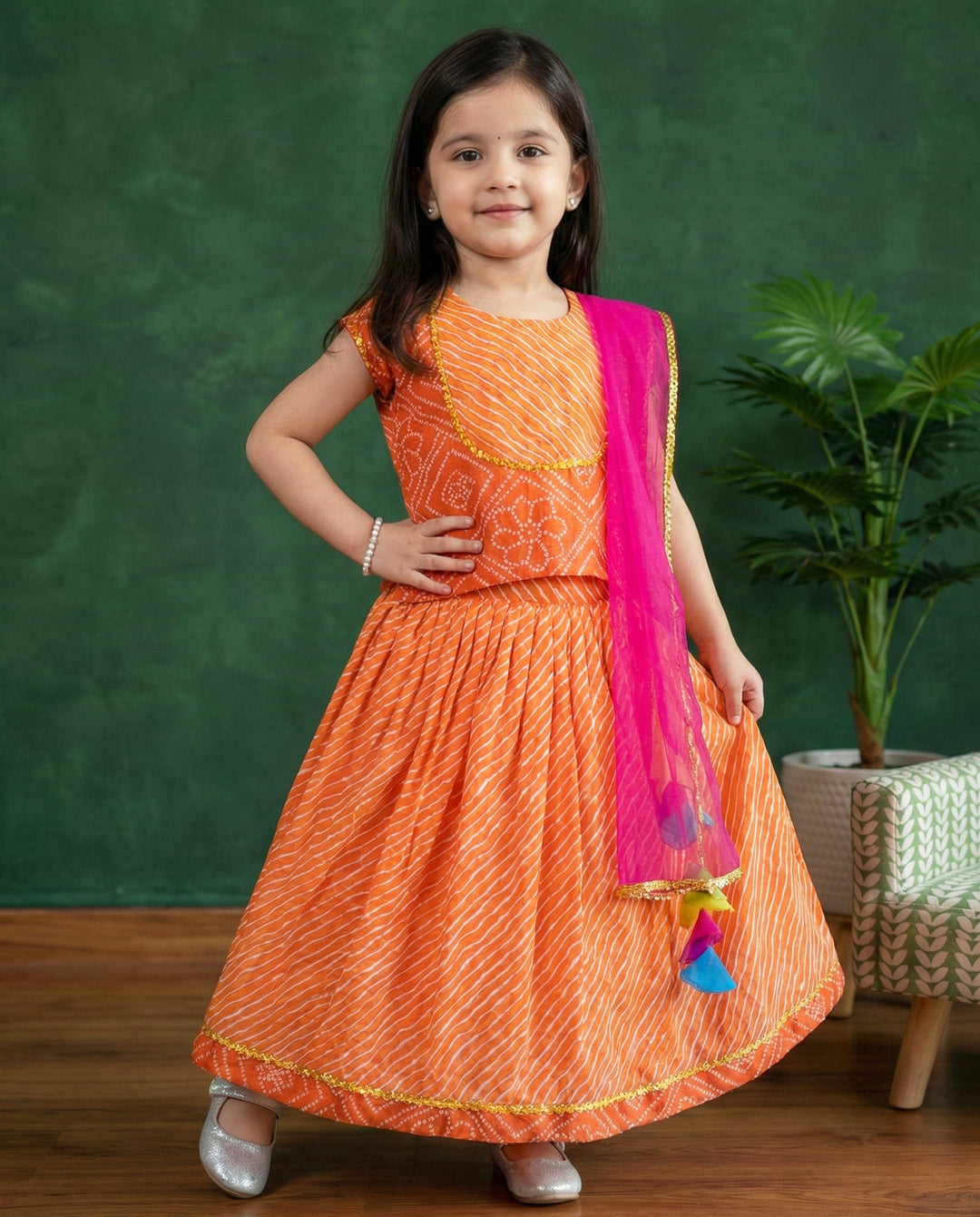 orange kids cotton lehenga choli for kids, stanwells kids baby girls dresses online, bandhej printed casual dresses online