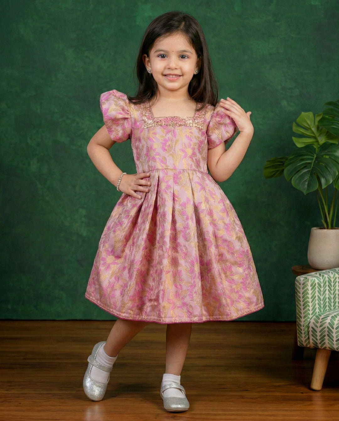 Pink shade designer brocade floral handwork baby girls birthday dress, premium partywear frock for kids, Stanwells Kids