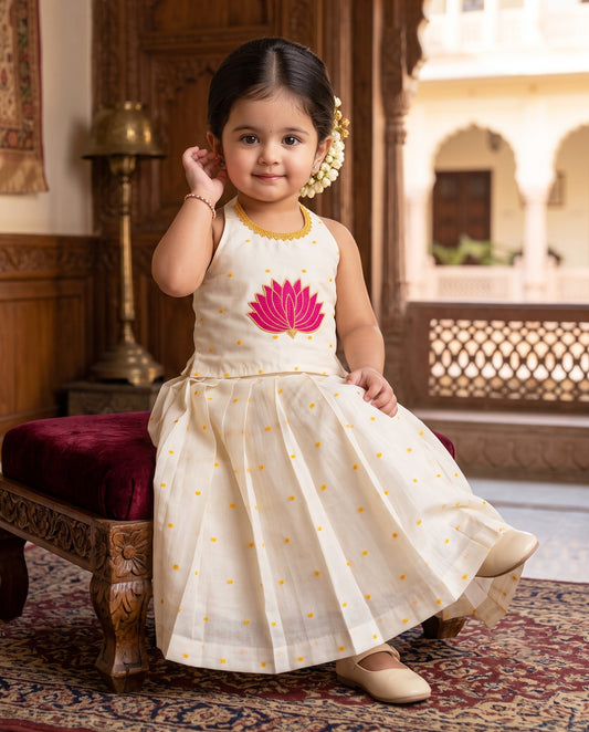 Onam special cream silk lotus hand embroidery lehenga for baby girl – front view, Stanwells Kids