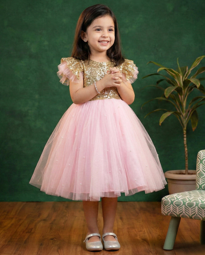 Baby pink birthday dress for girls, golden sequins frock, designer kids party wear, baby girl birthday outfit
