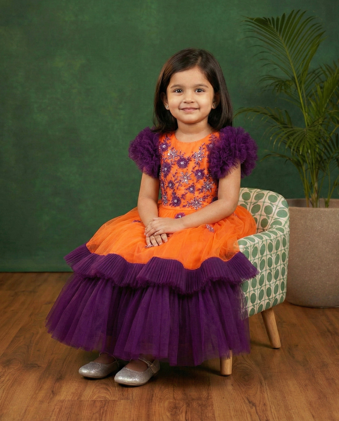 Orange and purple handworked gown for baby girls, ruffle partywear, designer birthday dress, Stanwells Kids