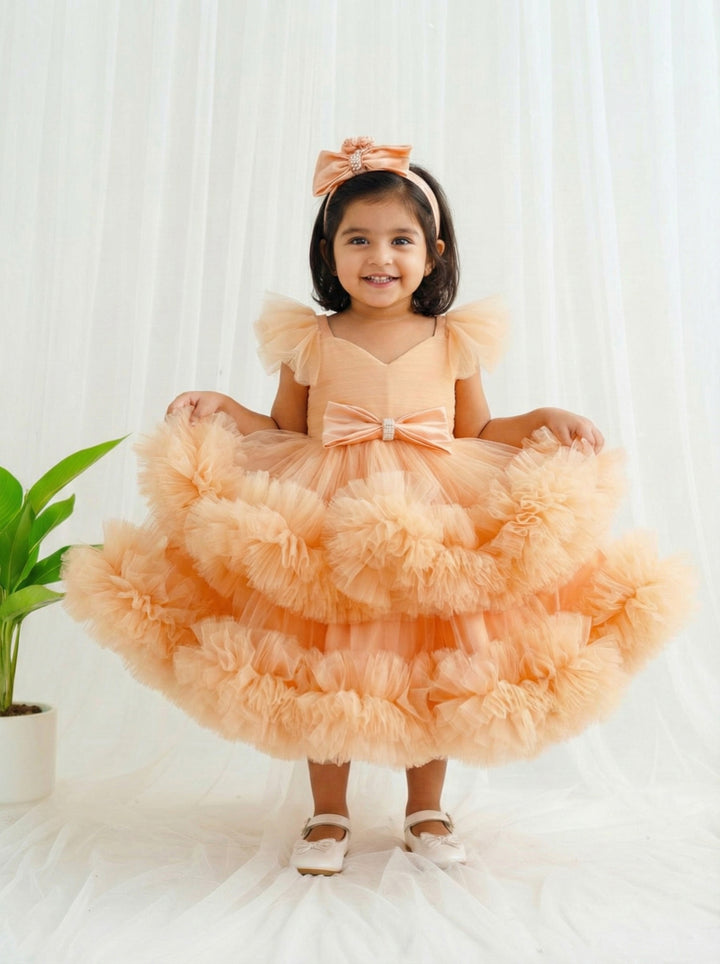 Light pumpkin shade baby girls birthday dress, heavy ruffles partywear frock, baby girl birthday outfit