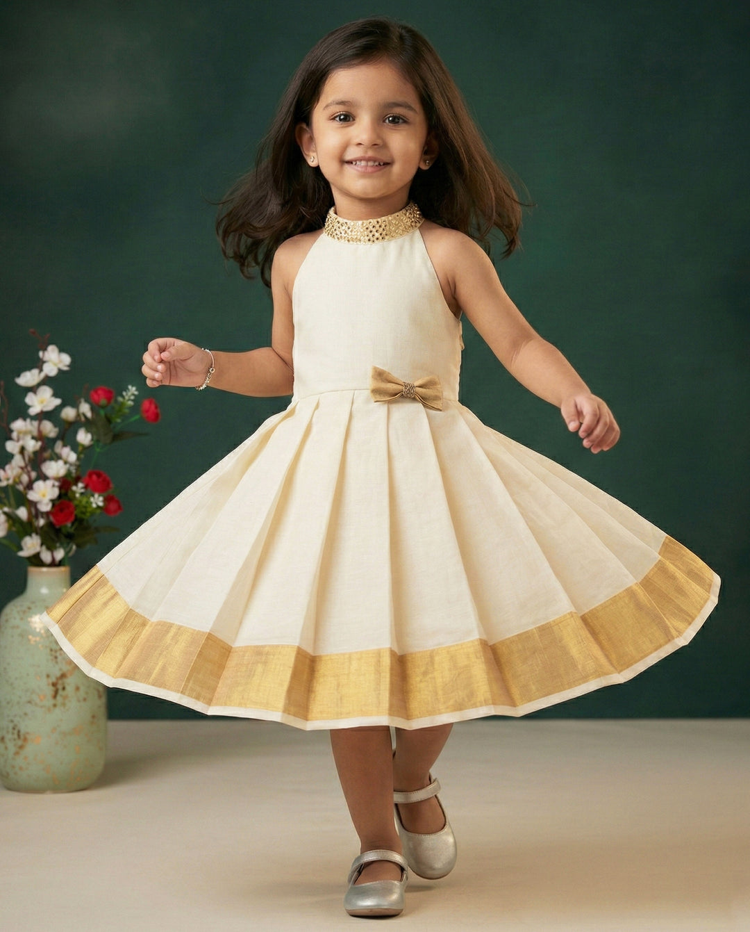 Cream golden kasavu halter neck frock front view – Stanwells Kids
