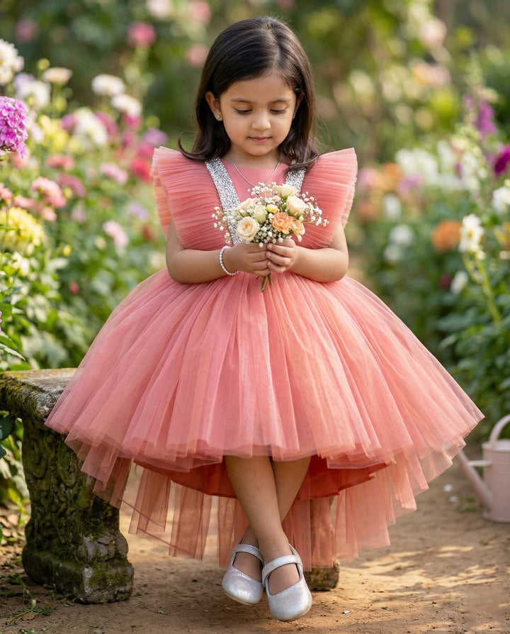 Blush coral premium frock side view – Stanwells Kids