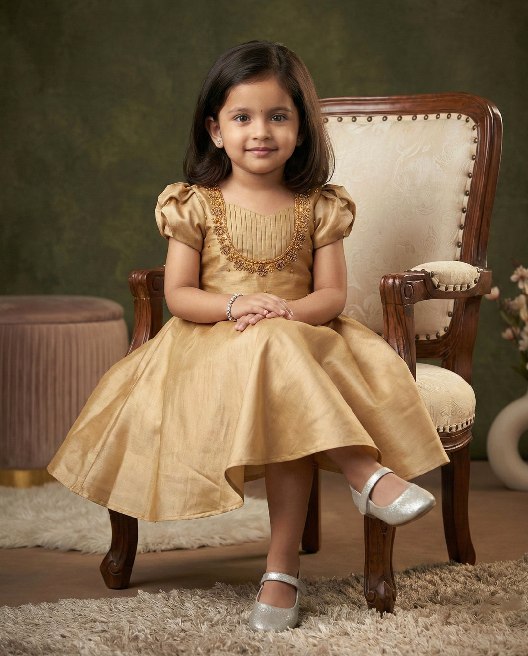 "Metallic Gold Shade Party Perfect Birthday Frock for Baby Girls"