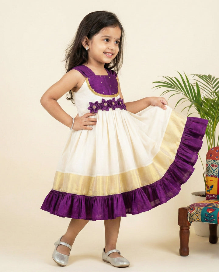 Cream purple kasavu handloom frock side view – Stanwells Kids