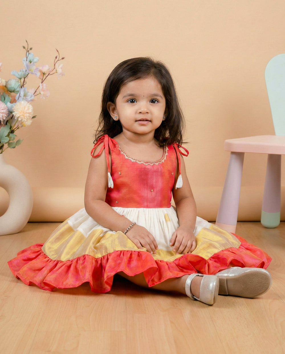 Baby girl birthday dress, Cream Peach Kerala Kasavu Kettuduppu Frock, baby girl frock, traditional Kerala dress, baby girls special occasion dress.