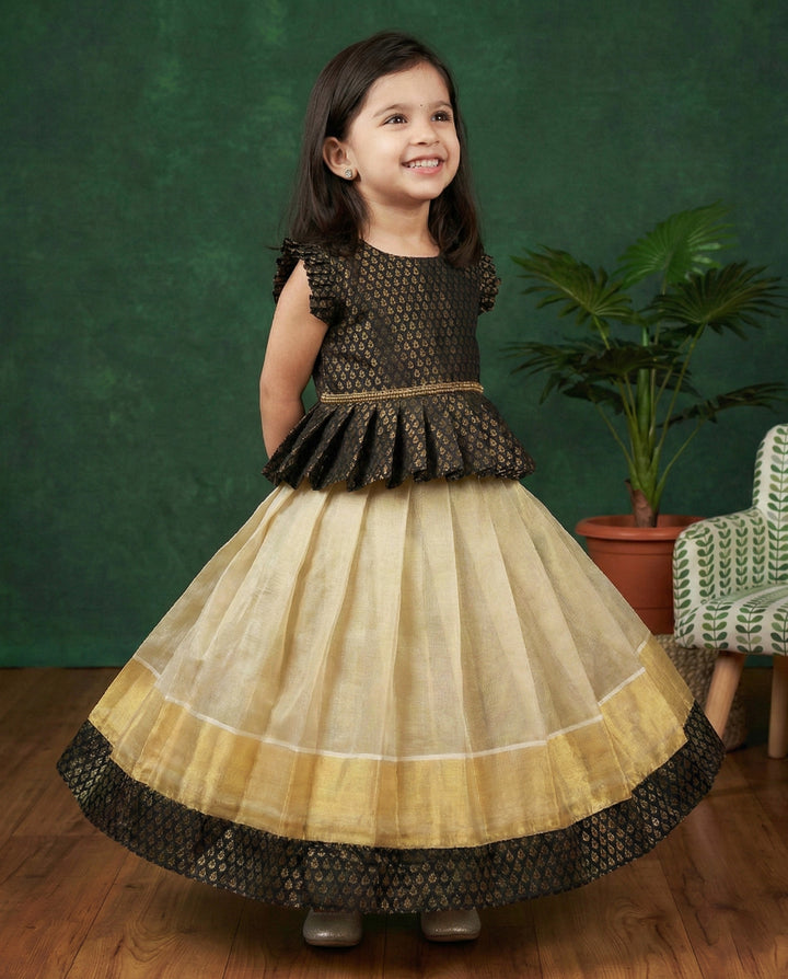 Kerala Kasavu black brocade baby girls birthday dress traditional lehenga set