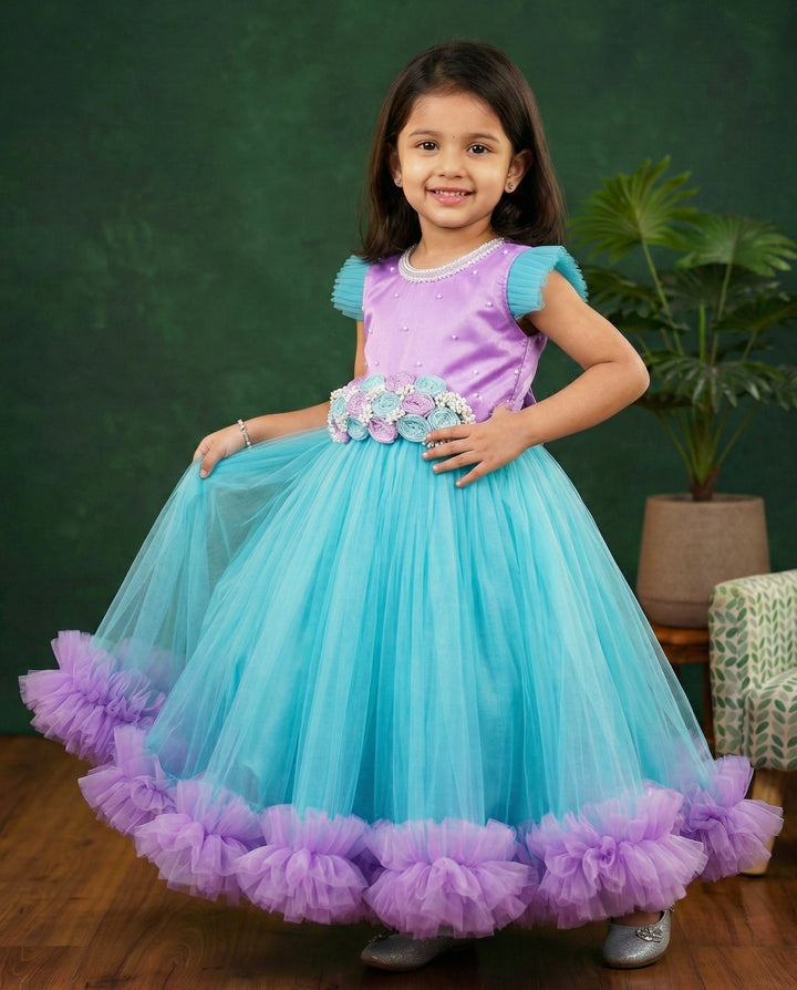 Sky blue lavender baby girls birthday dress, flower gown, designer full-length partywear, kids birthday outfit, Stanwells Kids