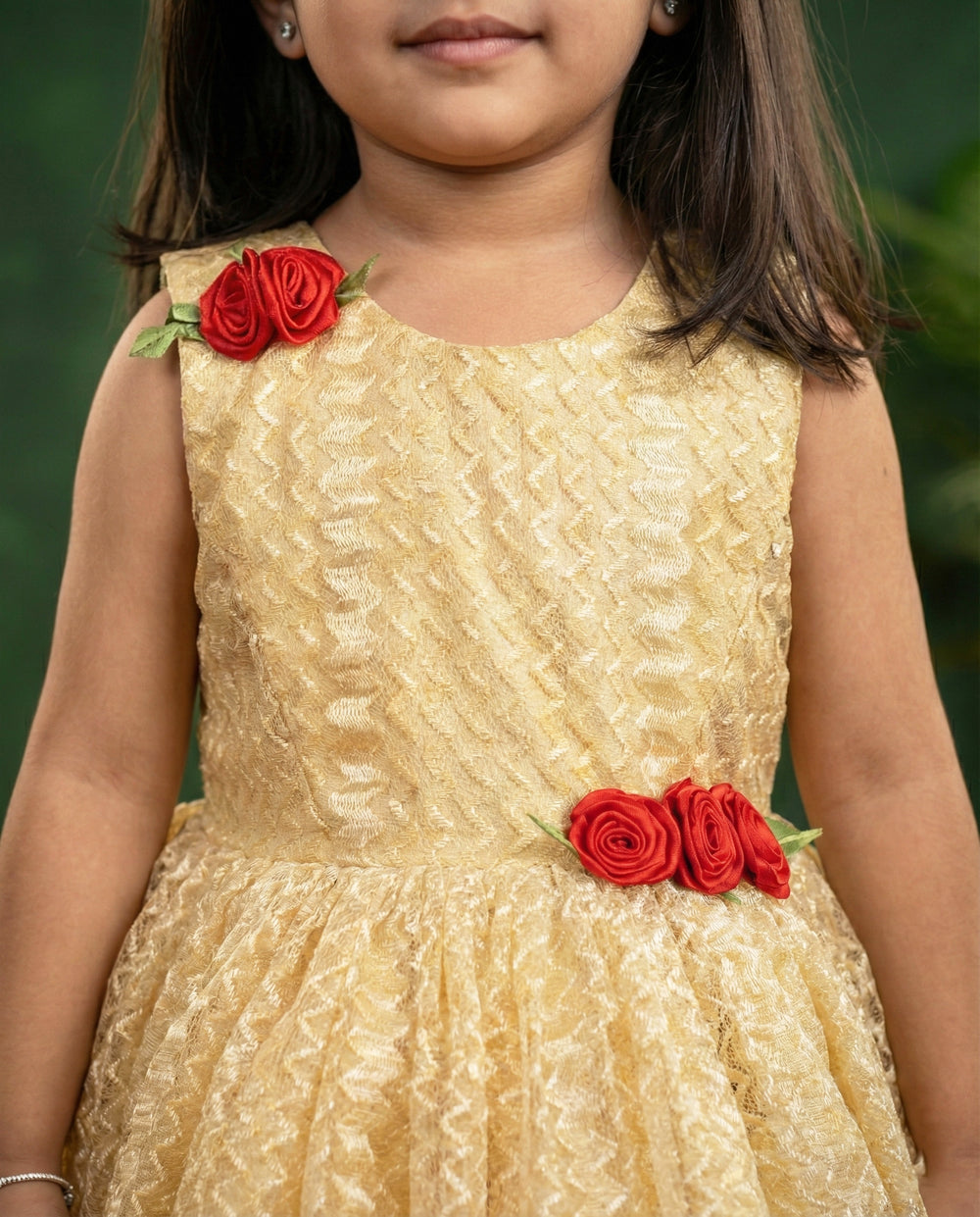 golden designer flower frock for baby girls, kids birthday dress, baby girl partywear dress, golden kids frock online, premium festive dress for toddlers