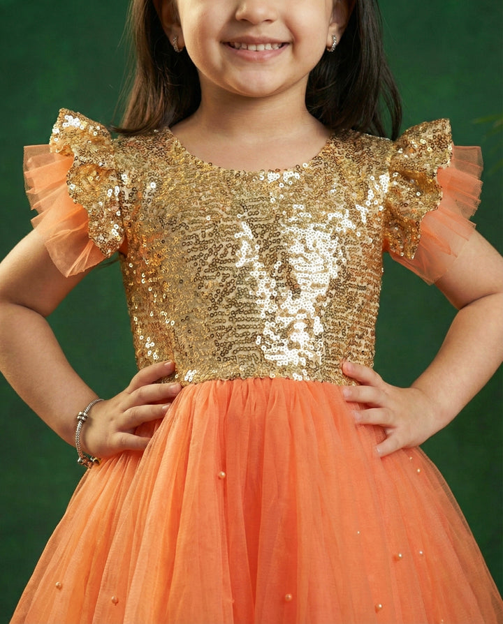 Coral shade golden sequins baby girl birthday dress, designer party wear frock, baby girl birthday outfit, kids party dress