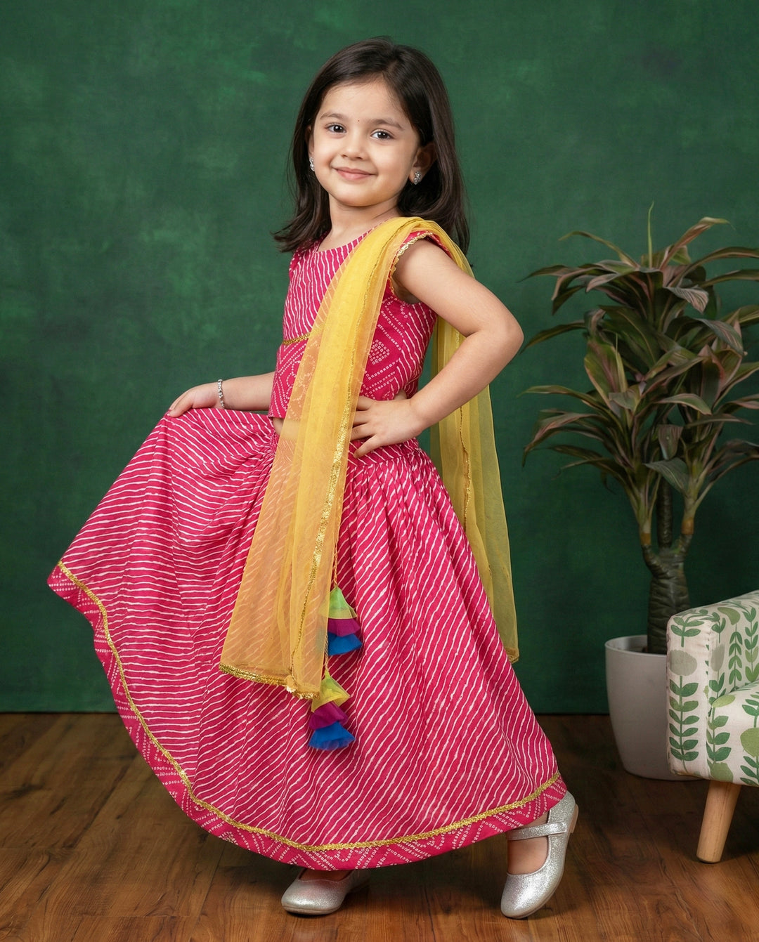 pink cotton lehenga choli for kids, stanwells kids dresses, printed bandhej 2 pc sets