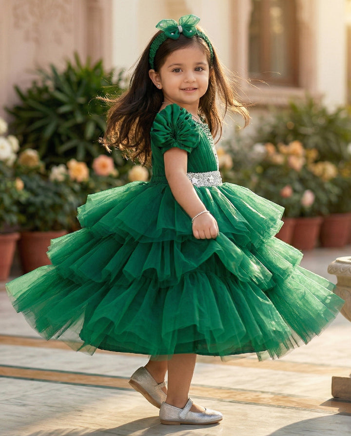 Bottle green hand embroidery birthday dress for baby girls, elegant party dress, baby girls&