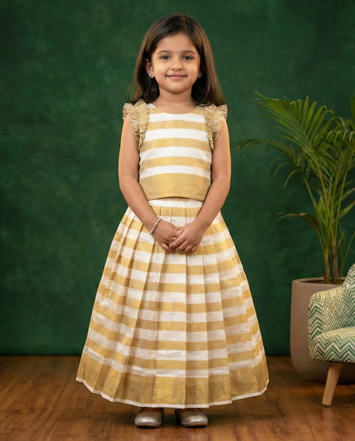 cream handloom kasavu lehenga choli for baby girls, Kerala traditional kids dress, baby girl birthday outfit, festive wear for toddlers, kasavu lehenga kids