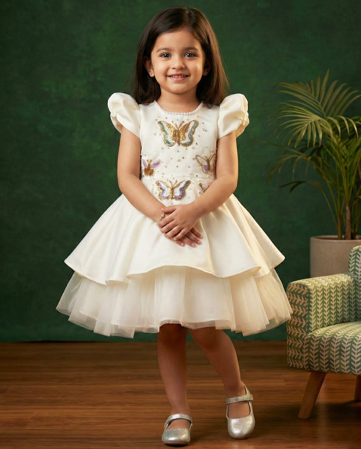 off white silky satin butterfly applique frock for baby girls, birthday dress, party wear frock, elegant kids wear