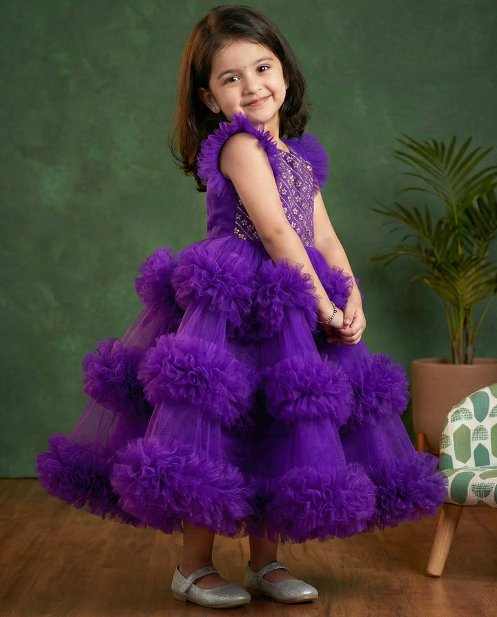 Violet shade baby girl birthday dress, 3 step ruffle frock, party wear dress for kids, violet handwork frock, designer baby birthday outfit