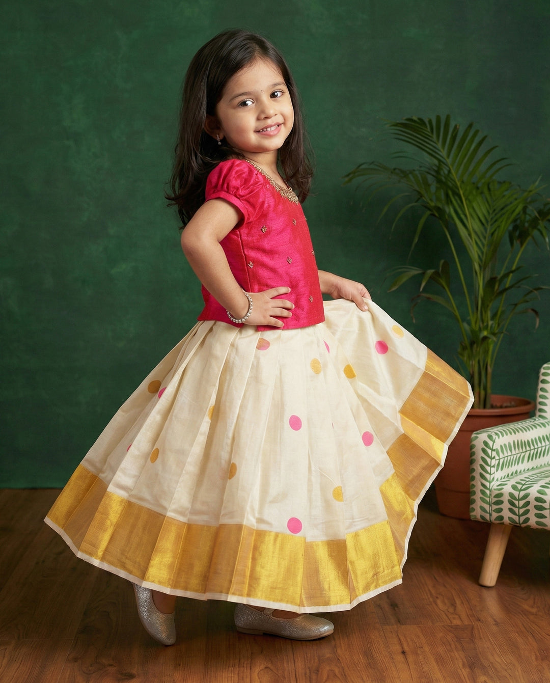 Cream pink kasavu lehenga choli side view – Stanwells Kids