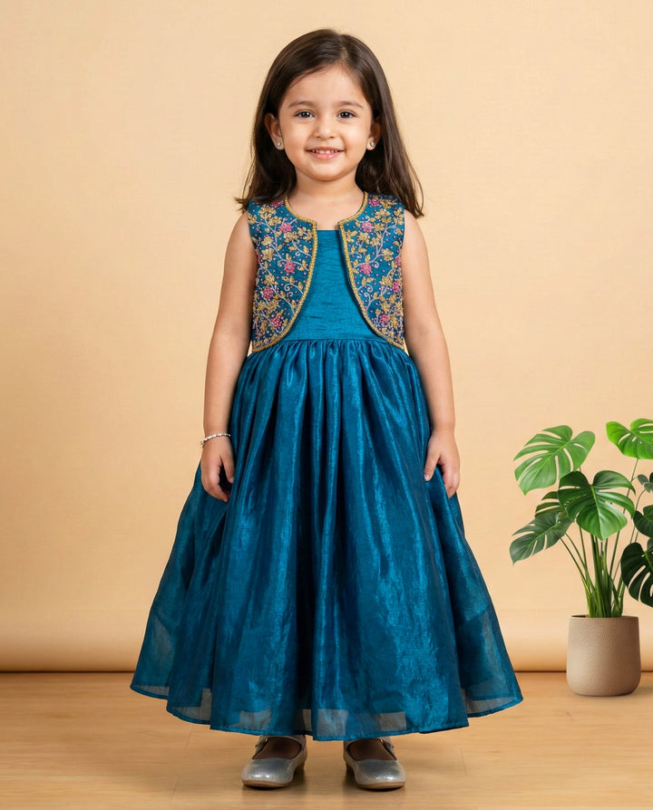 Teal blue ethnic gown for baby girls, handwork jacket partywear, premium birthday dress, Stanwells Kids