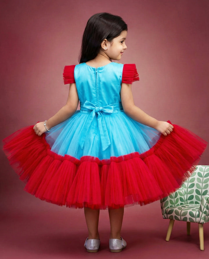Sky blue and rani pink handwork flower birthday dress for baby girls party wear
