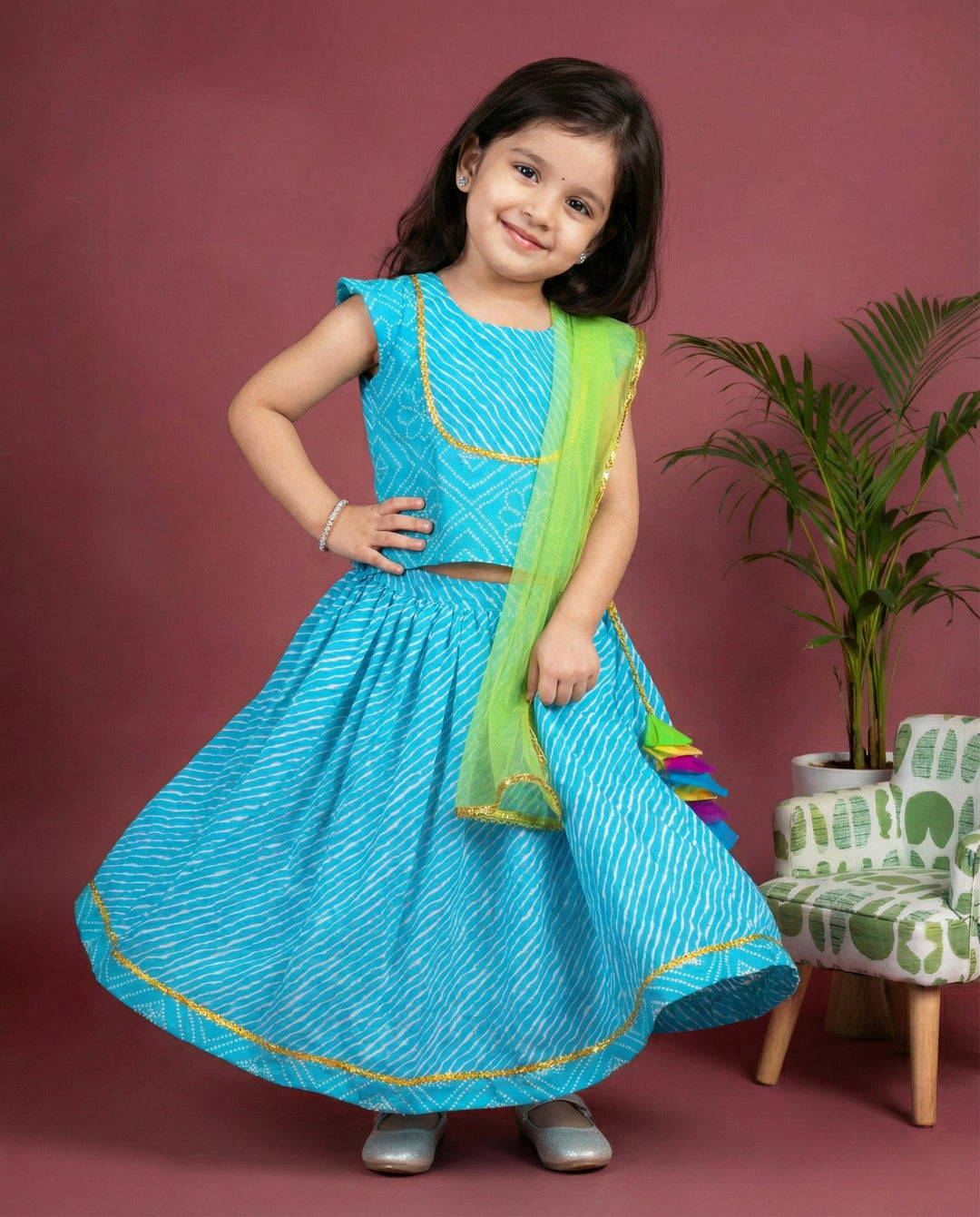 kids cotton lehenga choli stanwells kids, blue dresses for kids, bandhej printed dress for kids