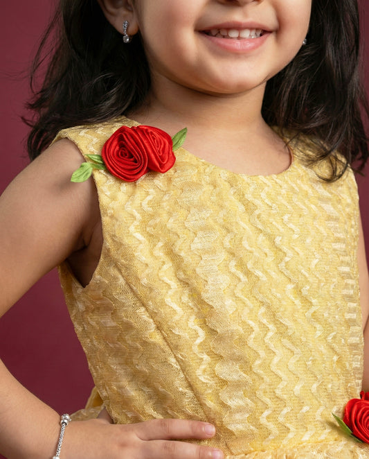 golden designer flower frock for baby girls, kids birthday dress, baby girl partywear dress, golden kids frock online, premium festive dress for toddlers